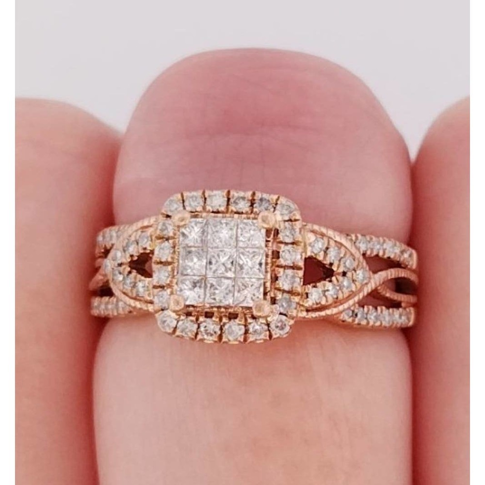Diamond Engagement Ring Princess & Round 10K Rose Gold - Size 4,5,6,7